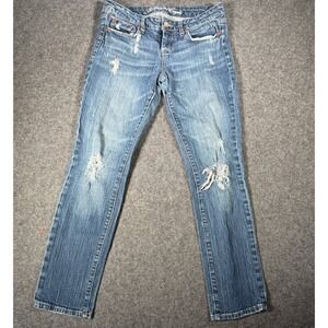 American Eagle Skinny 77 Jeans Womens‎ 8 Short Distressed MediWash Blue Low Rise